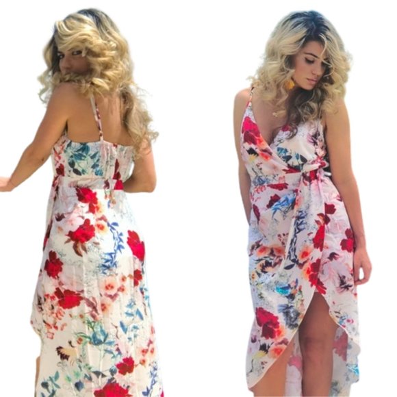 Floral, beige, spaghetti strap, v neck, midi to maxi, day to night, summer dress - Picture 3 of 10